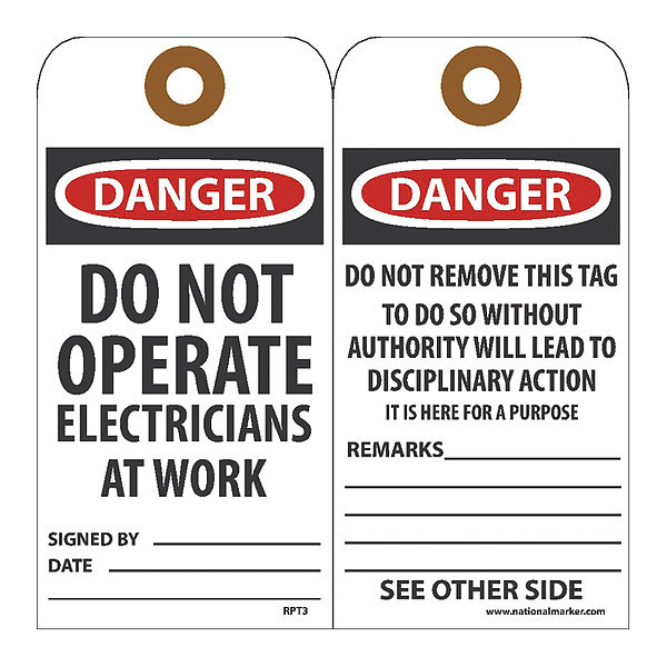 Nmc Danger Do Not Operate Electricians At Work Tag, Pk25 RPT3G