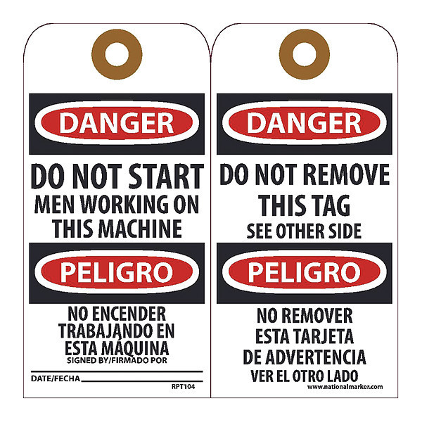 Nmc Danger Do Not Start Men Working Bilingual Tag, Pk25 RPT104G