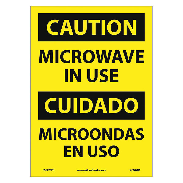 Nmc Caution Microwave In Use Sign, Bilingual, 14 in Height, 10 in Width, Pressure Sensitive Vinyl ESC720PB