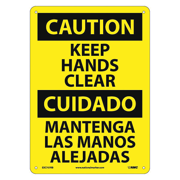 Nmc Caution Keep Hands Clear Sign, Bilingual, 14 in Height, 10 in Width, Rigid Plastic ESC707RB