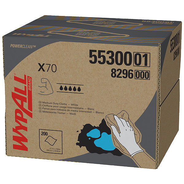 Wypall Disposable Wipers X70 BRAG Box, White, Hydroknit, 200 Wipes, 11 in x 16 3/4 in 55300