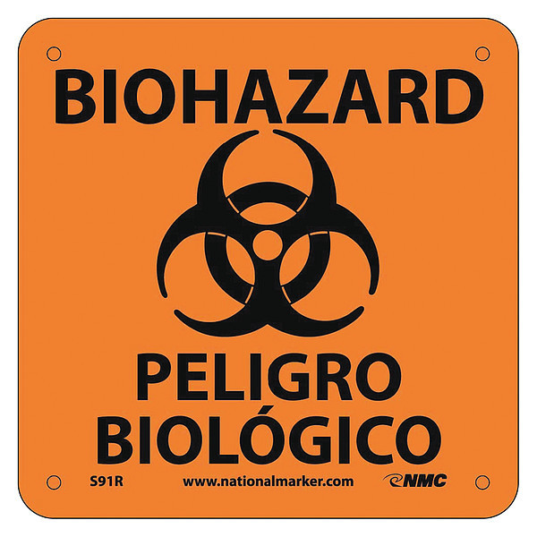 Nmc Biohazard Peligro Biologico Bilingual W/, 7 in Height, 7 in Width, Rigid Plastic S91R