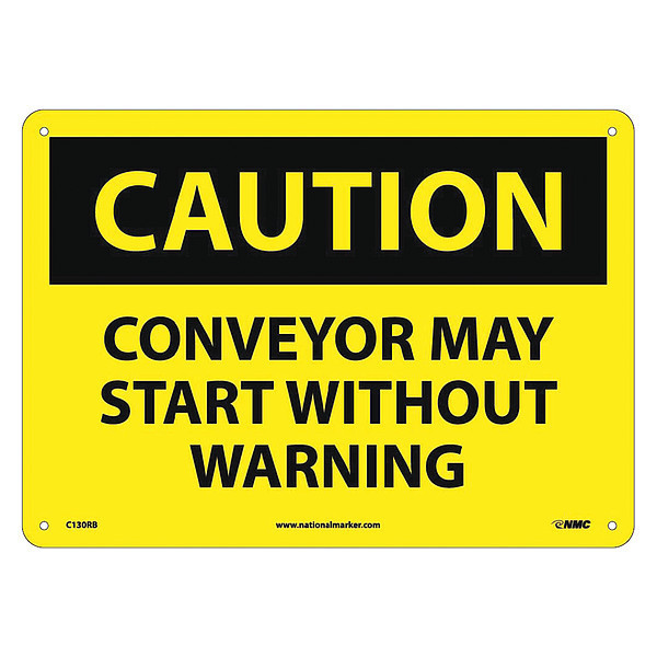 Nmc Caution Conveyor May Start Warning Sign, 10 in Height, 14 in Width, Rigid Plastic C130RB