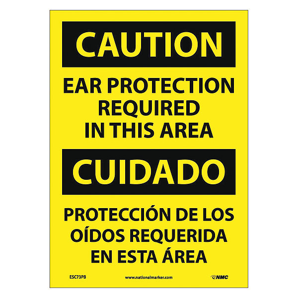 Nmc Caution Ear Protection Required Sign, Bil, 14 in Height, 10 in Width, Pressure Sensitive Vinyl ESC73PB