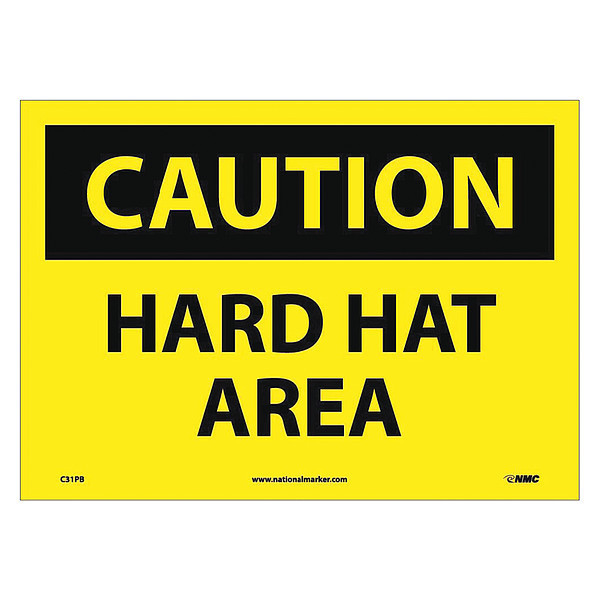 Nmc Caution Hard Hat Area Sign, 10 in Height, 14 in Width, Pressure Sensitive Vinyl C31PB