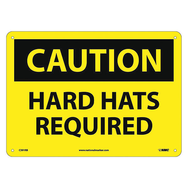 Nmc Caution Hard Hats Required Sign, 10 in Height, 14 in Width, Rigid Plastic C391RB