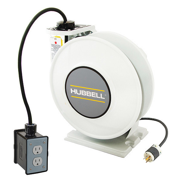 Hubbell Wiring Device-Kellems White Industrial Reel with Black Portable Outlet Box and (1) 15A Duplex Receptacle, UL Type 1, 45 Ft, #14/3 SJO, 15 A, 125 VAC HBLI45143R15M1