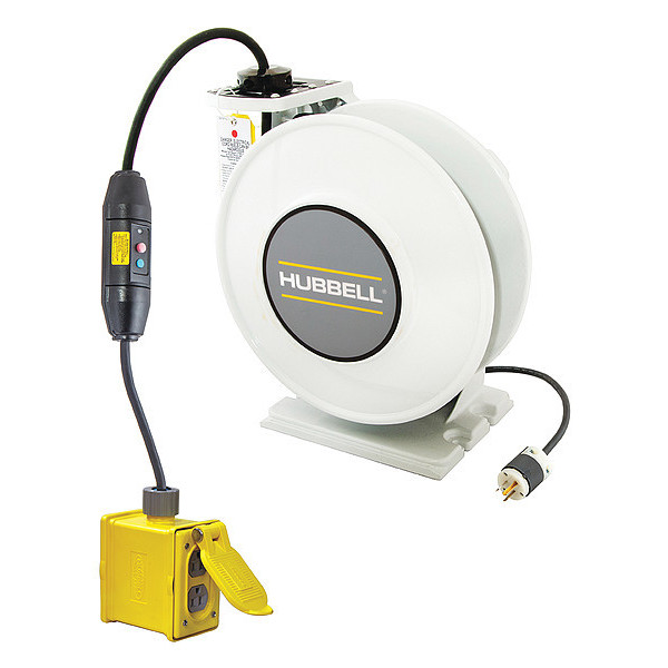 Hubbell Wiring Device-Kellems White Industrial Reel with Yellow Portable Outlet Box, GFCI Module and (2) 20A Duplex Receptacles, UL Type 1, 45 Ft, #12/3 SJO, 20 A, 125 VAC HBLI45123GF220