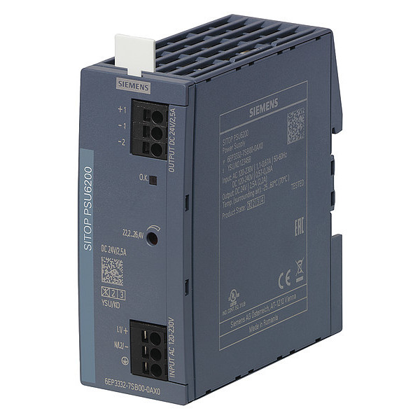 Sitop Stabilized Power Supply, 120/230V AC, 24V DC, 60W, 2.5A, DIN Rail 6EP33327SB000AX0