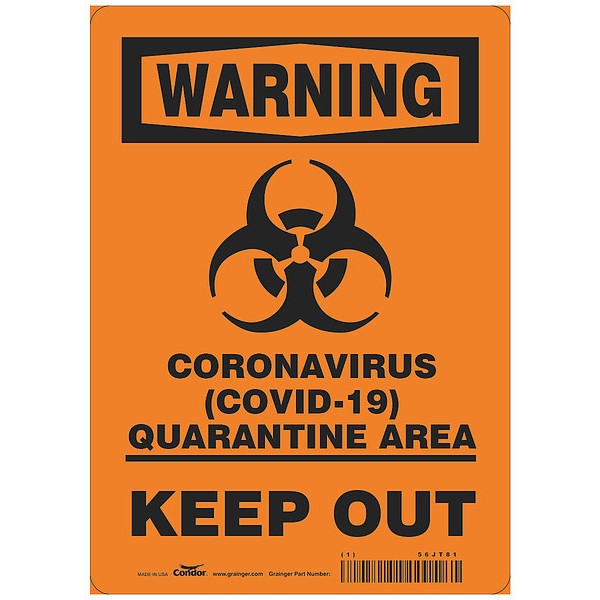 Condor Coronavirus Quarantine Area Sign, 10" W x 14" H, English, Polystyrene HWW308P1410