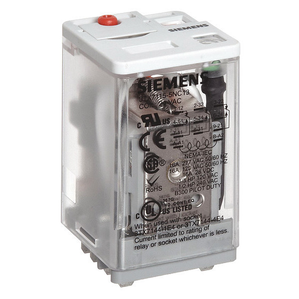 Siemens Plug In Relay, 120V AC Coil Volts, Square, 8 Pin, DPDT 3TX71155DF13C