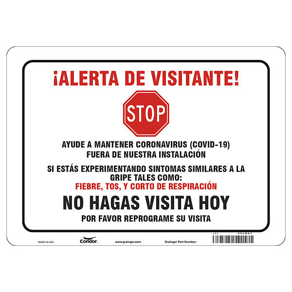 Condor Covid 19 Sign 10X14, Spanish Visitor Ale, 10 in Height, 14 in Width, Polystyrene, Spanish HWB734P1014