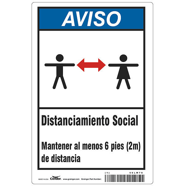 Condor Covid 19 Sign 10X14, Spanish Notice Soci, 10 in Height, 14 in Width, Polyester, Spanish HWN830T1410