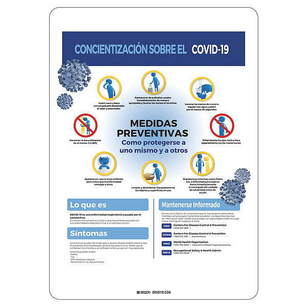 Brady Covid 19 Sign Spanish Covid19 Awareness, , 14 in Height, 10 in Width, Aluminum, Spanish 170281
