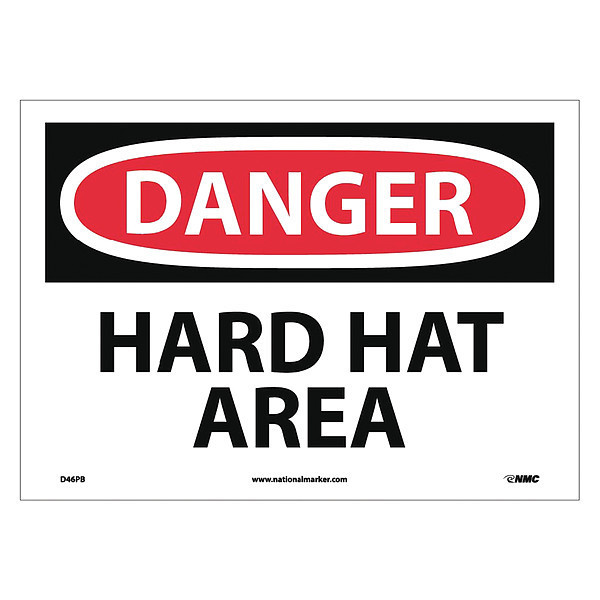 Nmc Danger Hard Hat Area Sign, 10 in Height, 14 in Width, Pressure Sensitive Vinyl D46PB