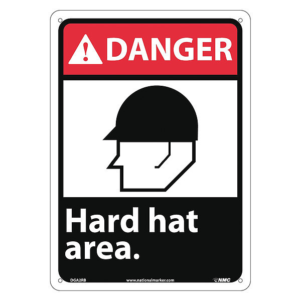 Nmc Danger Hard Hat Area Sign, 14 in Height, 10 in Width, Rigid Plastic DGA2RB