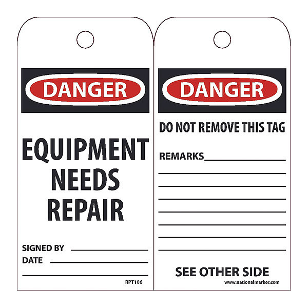 Nmc Danger Equipment Needs Repair Tag, Pk25 RPT106