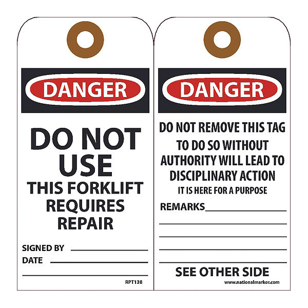 Nmc Danger Do Not Use This Forklift Requires Repair Tag, Pk25 RPT138G
