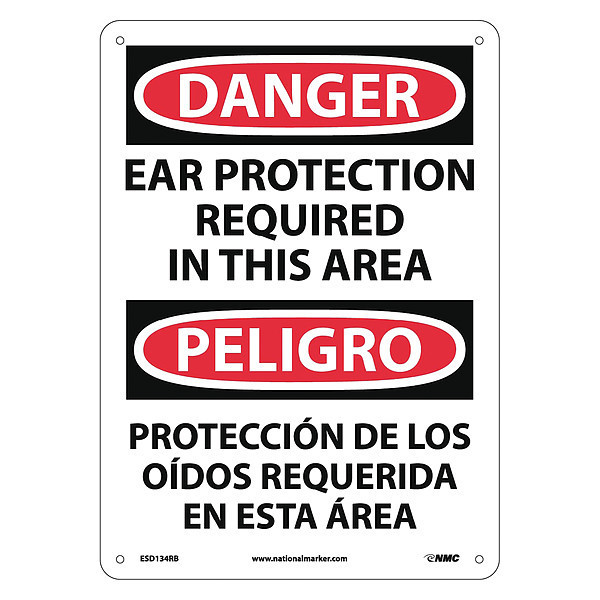 Nmc Danger Ear Protection Required Sign, Bili, 14 in Height, 10 in Width, Rigid Plastic ESD134RB