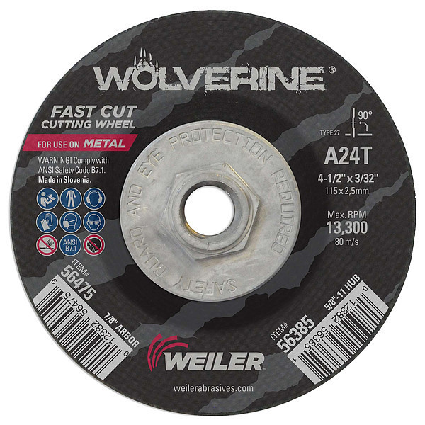 Weiler 4-1/2"x3/32" Wolverine Type 27 Cutting Wheel A24T 5/8"-11 Nut 56385