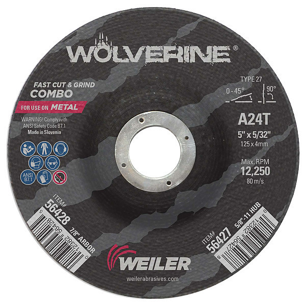 Weiler 5"x1/8" Wolverine Type 27 Cut/Grind Combo Wheel A24T 7/8" A.H. 56428