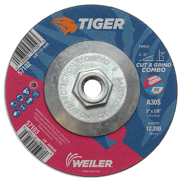 Tiger 5"x1/8" TIGER AO Type 27 Cut/Grind Combo Wheel A30S 5/8"-11 Nut 57102