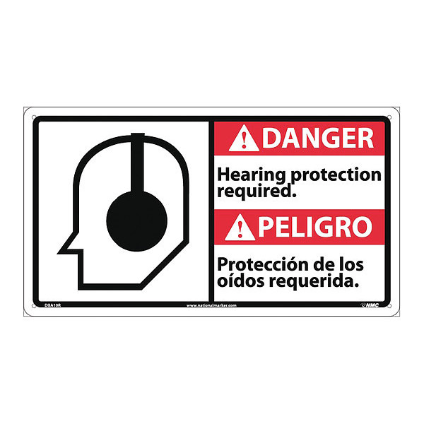 Nmc Danger Hearing Protection Required Sign, 10 in Height, 18 in Width, Rigid Plastic DBA10R