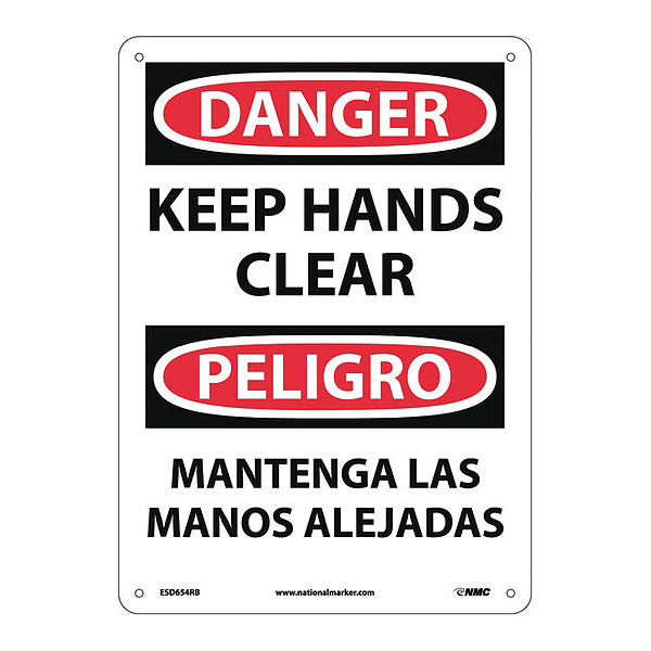 Nmc Danger Keep Hands Clear Sign - Bilingual, 14 in Height, 10 in Width, Rigid Plastic ESD654RB