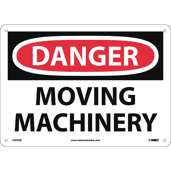Nmc Danger Moving Machinery Sign, 10 in Height, 14 in Width, Rigid Plastic D305RB