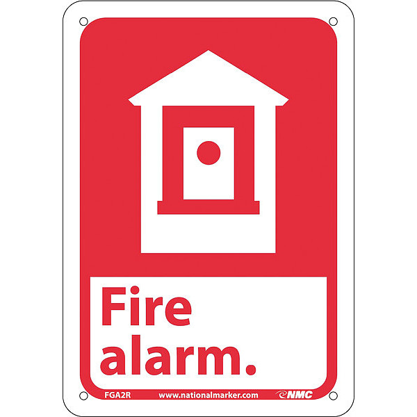 Nmc Fire Alarm Sign, 10 in Height, 7 in Width, Rigid Plastic FGA2R