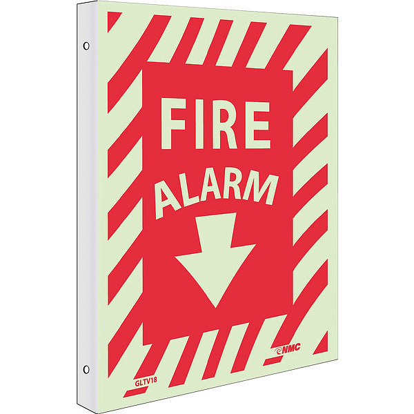 Nmc Fire Alarm Sign, 12 in Height, 9 in Width, Glow Rigid GLTV18