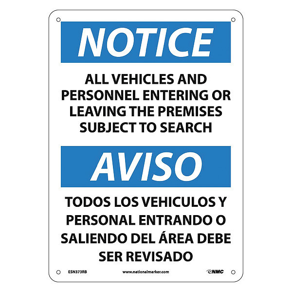 Nmc Notice All Vehicles Subject To Search Sign - Bilingual, ESN373RB ESN373RB