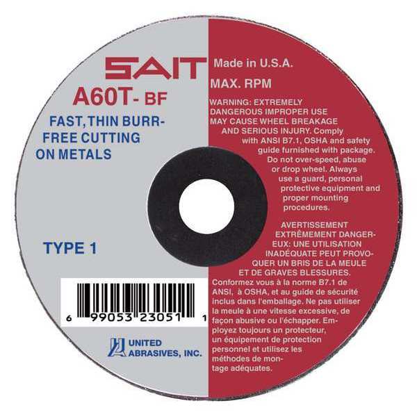 United Abrasives/Sait SAIT 23043 A60T  Burr Free Thin High Speed Cut-Off Wheels 3" x 1/16" x 1/4", 5-Pack 23043