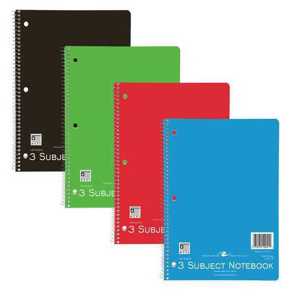 Roaring Spring Case of 3 Subject Wirebound Notebooks, 10.5"x8", 120 sht, Asstd. Cover Colors, wide Ruled w/Margin 10041cs