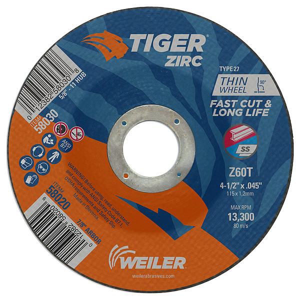 Weiler 4-1/2"x.045" TIGER ZIRC Type 27 Cutting Wheel Z60T 7/8" A.H. 58020