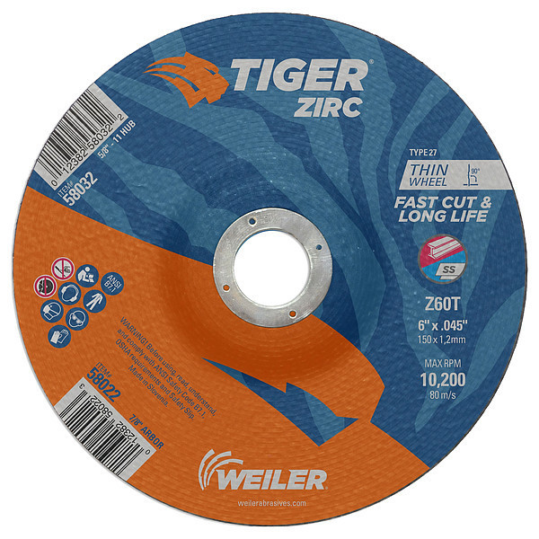 Weiler 6"x.045" TIGER ZIRC Type 27 Cutting Wheel Z60T 7/8" A.H. 58022