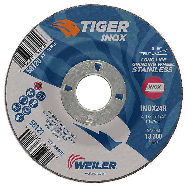 Tiger Inox 4-1/2"x1/4" TIGER INOX Type 27 Grinding Wheel INOX24R 7/8" A.H. 58121
