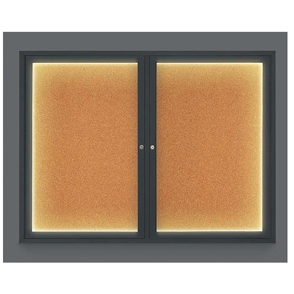 United Visual Products Corkboard, Lighted, Blk, Cork, 2 Door, 42x32" UV316ILED-BLACK-CORK