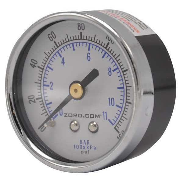 Zoro Pressure Gauge, 0-160, 2" CBM, 1/4" NPT, 0 to 160 psi, 1/4" NPT, Black painted steel, Black G6397660