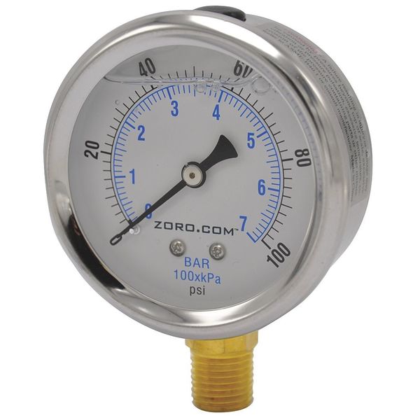 Zoro Pressure Gauge, 2.5", SS, 0-100, 1/4" NPT LF, 0 to 100 psi, 1/4" NPT, Stainless Steel, Silver G6397609