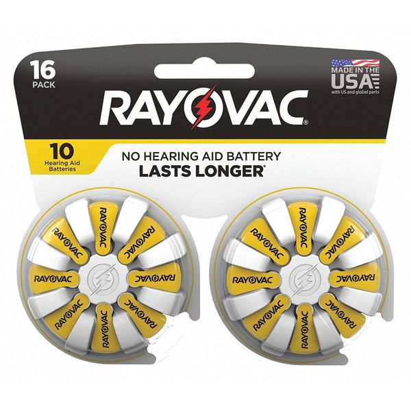 Rayovac Hearing Aid Battery, Size 10, Yellow, PK16 10-16
