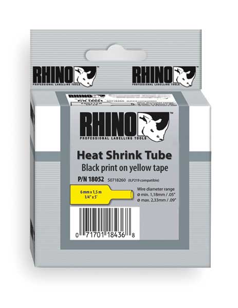 Dymo RHINO (R) Heat Shrink Tube Label 3/8" x 60"H, Black on Yellow 18054