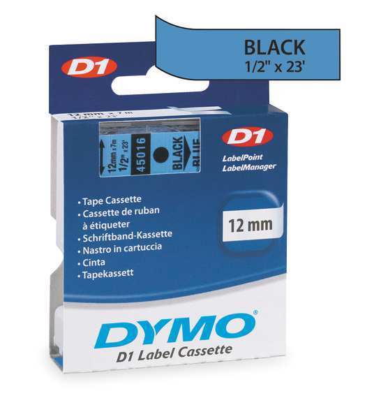 Dymo Adhesive Label Tape Cartridge 1/2" x 23 ft., Black/Blue 45016
