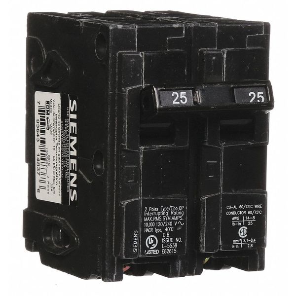 Siemens Miniature Circuit Breaker, Q Series 25A, 2 Pole, 120/240V AC Q225