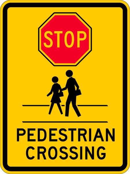 Lyle Stop Pedestrian Crossing Sign, 18" W, 24" H, English, Aluminum, White, Yellow TR-038-18HA