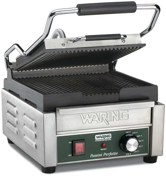 Waring Commercial 9-3/4 x 9-1/4" Ribbed Plates Compact Panini Grill, 208V WPG150B