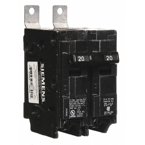 Siemens Miniature Circuit Breaker, BL Series 20A, 2 Pole, 120/240V AC B220H