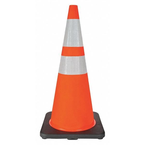 Zoro Select Traffic Cone, Standard Shape, PVC, 28 in H, Orange, 2 Reflective Stripes, Black Base 6FHC3