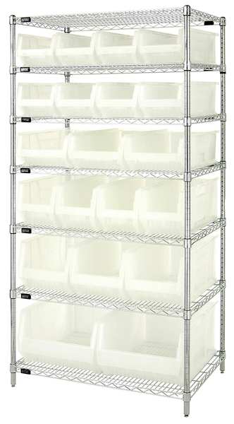 Quantum Storage Systems Steel, Polypropylene Bin Shelving, 36 in W x 74 in H x 24 in D, 7 Shelves, Clear WR7-20-MIXCL
