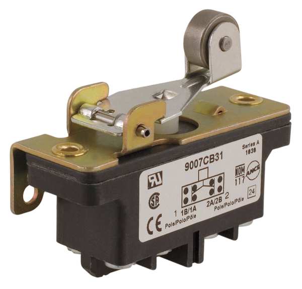 Telemecanique Sensors Industrial Snap Action Switch, Lever, Roller Actuator, 2NC/2NO, 10A @ 600V AC Contact Rating 9007CB31